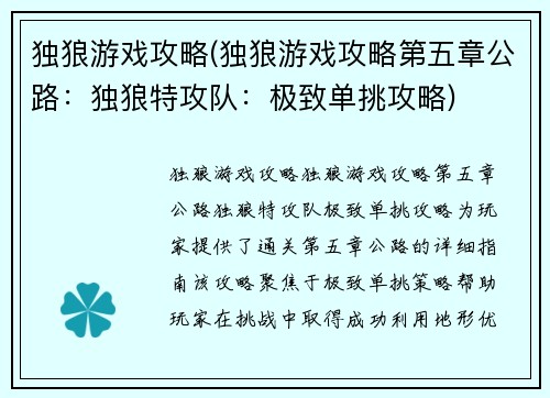 独狼游戏攻略(独狼游戏攻略第五章公路：独狼特攻队：极致单挑攻略)